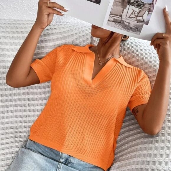 Contemporary Collared Knit Top Orange - Picture 2 of 5